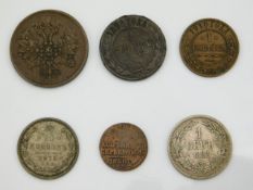 Six pre-revolution Imperial Russian kopeks including 1840