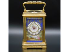 A good 19thC. French repeating carriage clock with Sevres style porcelain panel with figurative deco