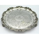 A good early Victorian, 1844 London silver footed tray by Benjamin Smith III, inscribed with crest &