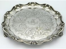A good early Victorian, 1844 London silver footed tray by Benjamin Smith III, inscribed with crest &