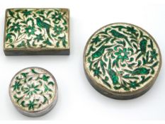 Three white metal boxes with guilloche enamelling, largest 63mm wide, 110g