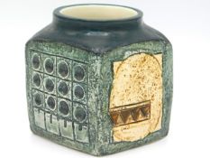 A Troika pottery marmalade jar by Louise Jinks, bought in 1976, 3.5in tall, hairline crack to rim, v