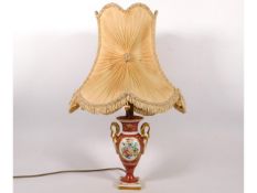 A French hand painted antique Limoges porcelain lamp with silk shade, 20in tall inclusive