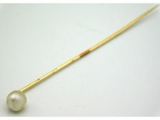 A 19thC. gold tie pearl mounted with what is believed to be a natural pearl, electronically tests as
