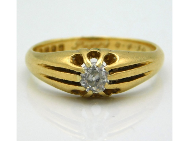 An 18ct Romany style gold ring set with diamond of approx. 0.33ct, inscribed to inside of shank "Peg