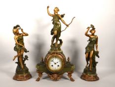 A French figurative clock garniture set by WBK & Fils featuring Diana the Huntress above a gilt & on