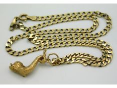 A 9ct gold curb link chain with dolphin pendant, 18in long, 10.3g