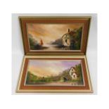 A pair of framed landscape oil paintings featuring