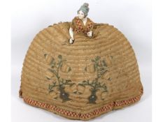 AA late 19thC. silk & lace tea cosy with large German porcelain half doll sewn into top, stitched da