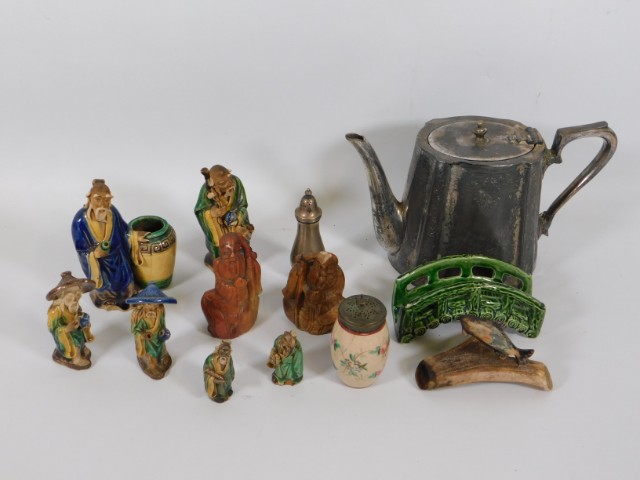 A small quantity of Oriental pottery figures, plat