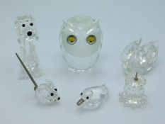 Six pieces of Swarovski crystal including owl, tal