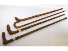 Four walking canes, three with white metal collars