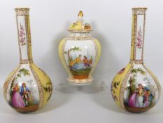 A pair of 19thC. Dresden quatrefoil vases twinned