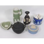 Six pieces of Wedgwood jasperware, pot & cover a/f