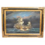 A large oil painting of galleons in sea battle set