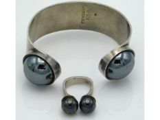 A sterling silver German bangle & ring set with he