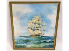 A framed oil of a tall ship at sea, signed Wilson,