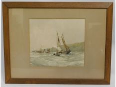 A watercolour of sailboats on coast by Nelson Daws