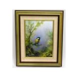 A framed Clem Spencer oil painting of a blue tit,