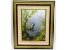 A framed Clem Spencer oil painting of a blue tit,