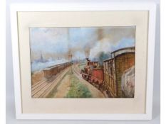 A framed Victorian watercolour of steam train & ra