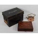 A small copper kettle, a wooden box, a steel box &