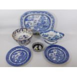 A 19thC. willow pattern meat dish, other blue & wh