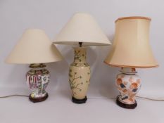 Three decorative Oriental ceramic lamps, tallest i