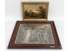 A Victorian oil of church village scene mounted in later frame, image size 13.625in x 9.5in, twinned