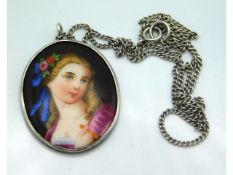 A silver necklace & pendant set with enamel portra