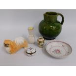 A 19thC. hand painted porcelain dish, a small hand painted trinket box, a pottery dog figure & other