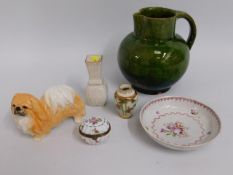 A 19thC. hand painted porcelain dish, a small hand painted trinket box, a pottery dog figure & other