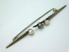 A white metal brooch set with pearl & 0.15ct of ol