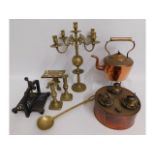 A Georgian copper kettle, a brass candelabra, a co