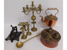 A Georgian copper kettle, a brass candelabra, a co