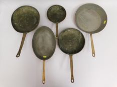 Five copper pans & skillets with brass handles
