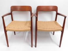 A Danish teak mid century retro dining suite of two carvers & four chairs with original rush seats b