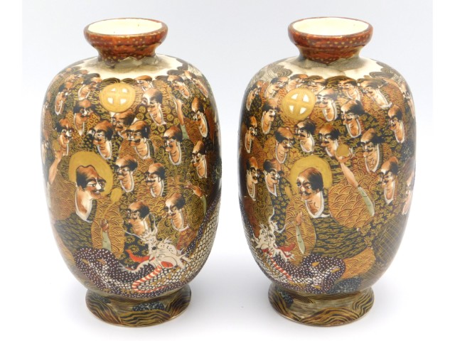 A pair of Japanese figurative Satsuma vases, 6in t