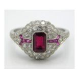 An 18ct white gold art deco style diamond & ruby r