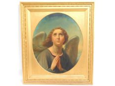 A large 19thC. oil painting of an angel set in gil