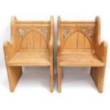 A pair of 19thC. pitch pine Gothic style chairs, originally from a French church, 23.5in wide x 39in