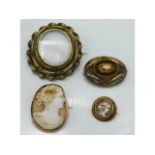 A yellow metal mounted cameo, dent to brooch (tests as 9ct gold), one other 19thC. cameo brooch (tes