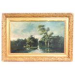 A gilt framed antique oil of two figures in boat o