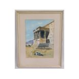A framed watercolour of 'stone ruin', indistinctly