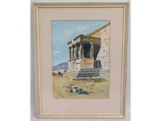 A framed watercolour of 'stone ruin', indistinctly