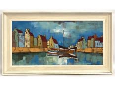 A Dresden harbour scene in oil, indistinctly signed, 31.5in x 15.5in