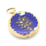 A yellow metal ladies Swiss 8 ruby movement pocket watch with diamonds & enameling to rear, some los