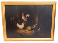 A 19thC. Dutch oil on oak panel of barn farmyard s