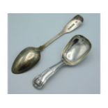 A William IV Edwin Sweet 1831 Exeter silver tea spoon twinned with an 1863 London silver caddy spoon