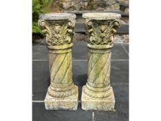 A pair of antique reconstituted stone column pot stands, originally from Germany, 25.5in tall